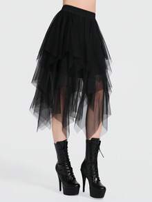 Breakform 女士哥特式优雅弹力腰中长裙，网纱裙，不对称层叠高低裙摆裙，宽松A字裙，黑色裙，有衬里裙 - 黑色 - 查看 1