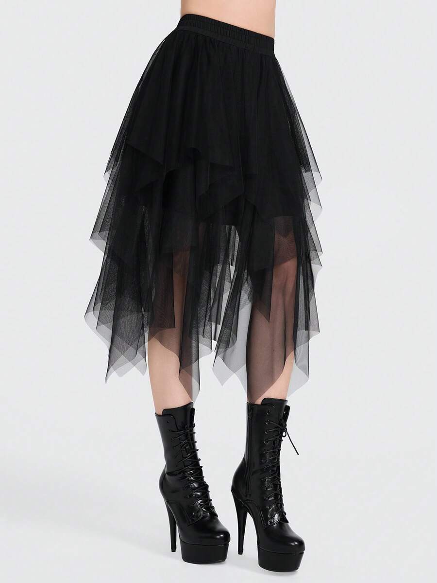 Breakform 女士哥特式优雅弹力腰中长裙，网纱裙，不对称层叠高低裙摆裙，宽松A字裙，黑色裙，有衬里裙 - 黑色 - 查看 1