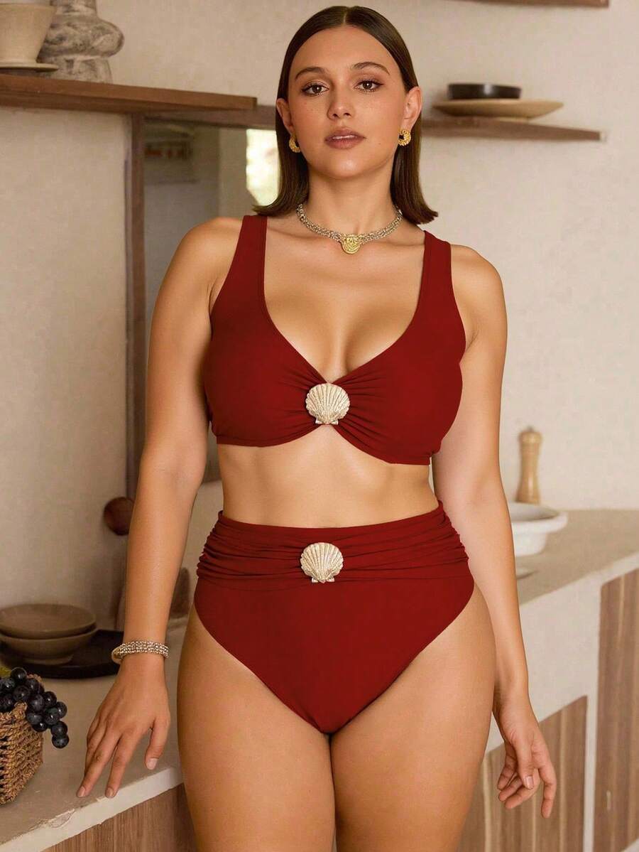 Swim Chiccia Bộ đồ bơi cỡ lớn trang trí kim loại, thích hợp cho kỳ nghỉ và đi biển. - Đỏ - Xem 1