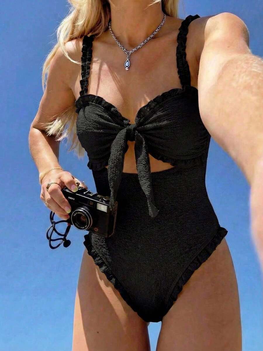 Swim Mod New Spring/Summer One-Piece Swimsuit, Bikini, Strapless, Sexy, Cute, Sweet, Textured Fabric, Ruffle, Beach Resort Style - Black - View 1