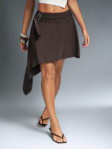 Denimoi Asymmetrical Skirt With Belt European Summer Outfits Vacation Outfits Brunch Outfits It Girl - Brown - View 3