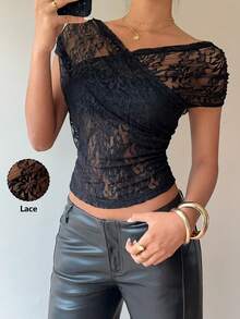 Siren Gaze Women's Elegant Black Floral Lace Top,Summer Night Out Off-Shoulder Fitted Blouse,See Through Stylish Lacey T-Shirt,New Solid Color Tops - Black - View 3