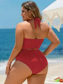 Swim Lushoire Conjunto de traje de baño de talla grande con tela texturizada de unicolor y a rayas, adecuado para vacaciones en la playa, 2026 Nuevo - Burdeos - Ver 3