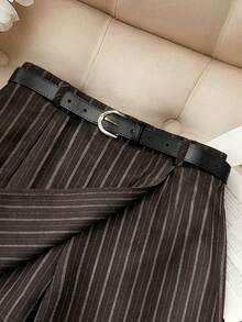 Franclia 女士夏季休闲通勤时尚不对称下摆短裙，多功能一体式短裤，配腰带，优雅简约 A 字版型，适合通勤和约会，春夏条纹短裤，棕色短裤，优雅女士短裤，夏季，圣诞节，新年 - 棕色 - 查看 4