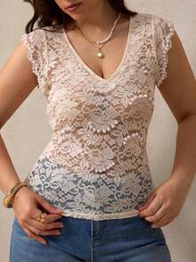 Elegantrix Women's Lace Ruffle Puff Sleeve Tight Fitting Top, French Casual Daily Wear, Spring/Summer - Apricot - View 6