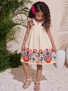 SHEIN Young Girl Ditsy Floral V-Neck Ruffle Hem Casual Dress - Apricot - View 5