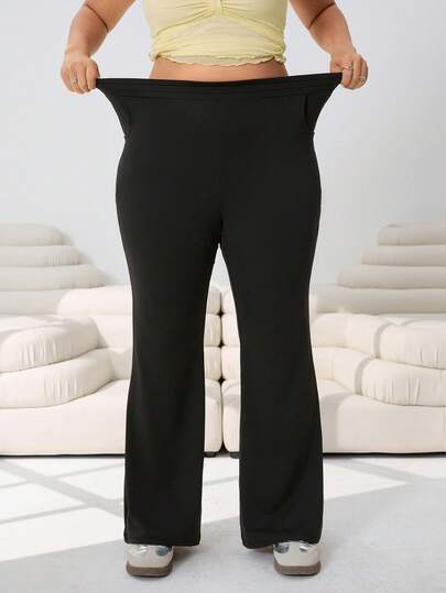 Solflare Plus Size Women Solid Color Elastic Slant Pocket Fitted Flare Leg Pants, Spring/Summer