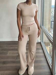 INAWLY Solva 2pcs/Set Summer Casual Solid Color Short Sleeve T-Shirt And Pants - Beige - View 2