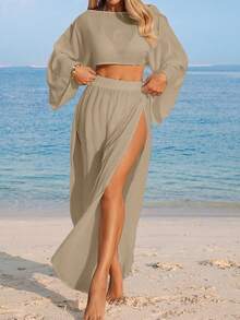 Swim Vcay Women's White Long Sleeve Split Casual Beach Cover Up Two Pieces Set - Khaki - View 3