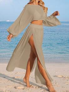 Swim Vcay Women's White Long Sleeve Split Casual Beach Cover Up Two Pieces Set - Khaki - View 5