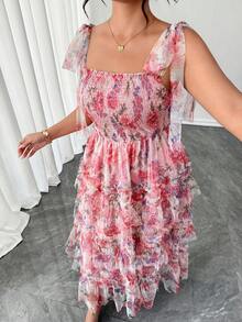 SHEIN Elenzya Plus Size Women Floral Print Vacation Mesh Layered Cami Dress, Suitable For Wedding, Birthday Party, Wedding Reception, Elegant Date, Afternoon Tea - Pink - View 6