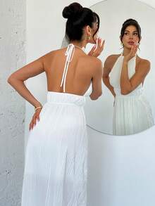 Firerie Vestido midi blanco con espalda descubierta y plisado sexy para vacaciones, sin mangas para el verano - Blanco - Ver 11