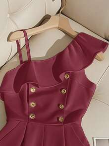 Franclia Elegant Commuter Ruffled Asymmetric Collar Romper, Summer Cute Romper Women Ruffle Romper Short Jumpsuit Dress Romper Romper Jumpsuit - Burgundy - View 6