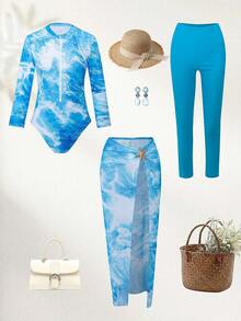 Swim Mulvari Blue & White Long Sleeve, Long Pants, Skirt 3-Piece Starfish & Wave Print Casual Beach Swimwear For Women, Spring/Summer - Blue and White - View 3