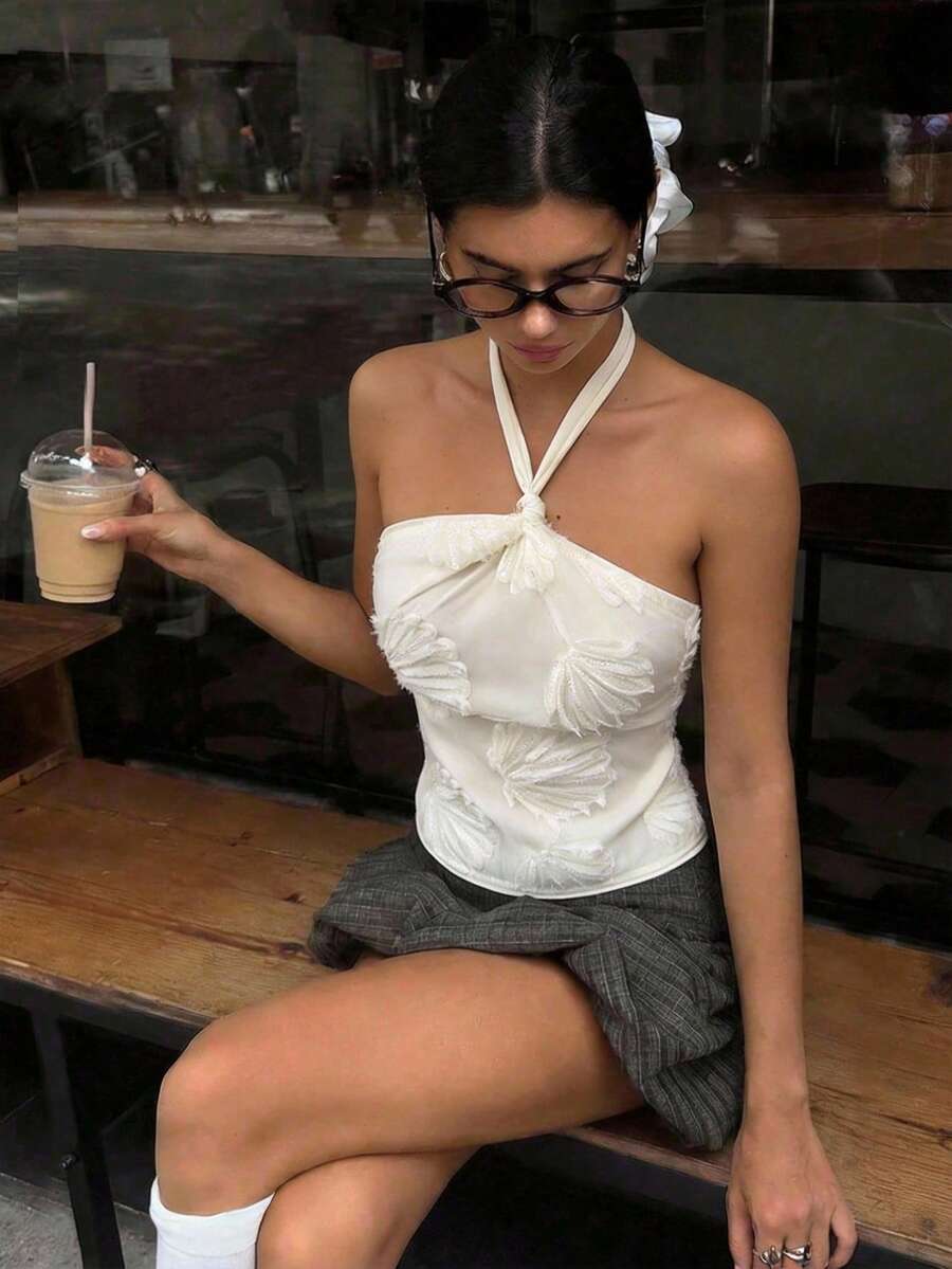 Aloruh 浪漫约会度假婚礼露背吊带薄纱纹理女式背心 - 白色 - 查看 1