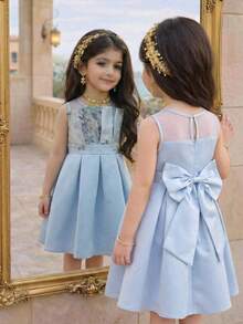 SHEIN Young Girl Jacquard Patchwork Round Neck Sleeveless Elegant Court Style Dress - Teal Blue - View 7