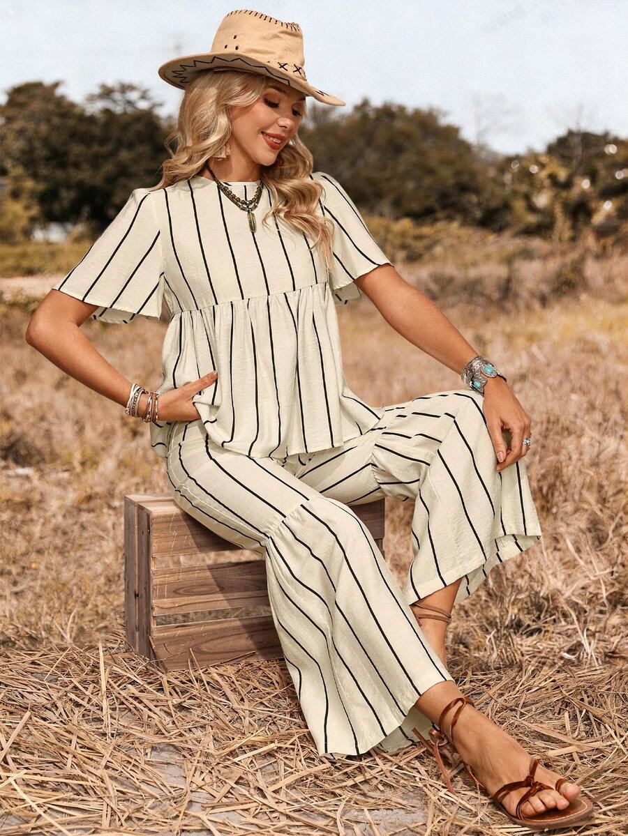 LanaWest Women's Casual Western Vacation Outdoor Striped 2-Piece Set, Ruffled Doll Collar Blouse And Wide Leg Pants - Apricot - View 1