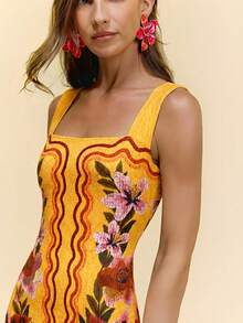 CAJUNI 女士休闲度假热带花卉印花黑色针织中长连衣裙，约会连衣裙，优雅连衣裙 - 黃色 - 查看 6