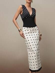 NOVVYNE Ladies' Black White Polka Dot,Autumn,Elegent,Party Lace Patchwork Midi Pencil Skirt,Casual Versatile White Polka Dot Lace Hem Skirt Summer Outfit - White - View 3