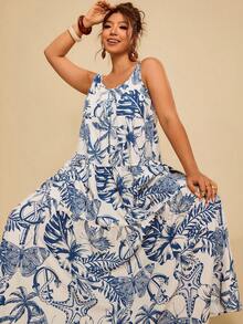 Travachic 大码印花无袖长款连衣裙，适合海滩和夏季度假 - 藍白色 - 查看 1