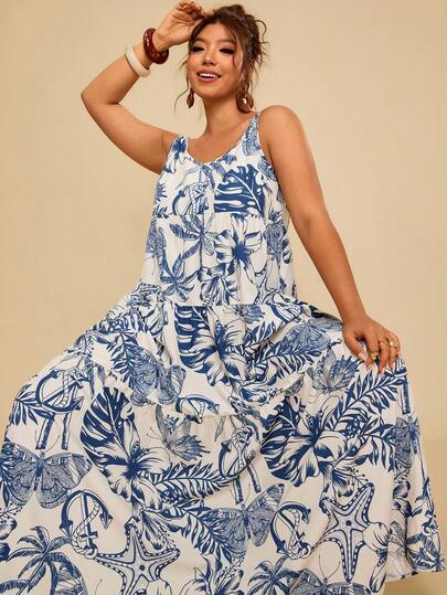 Travachic Vestido largo con estampado floral sin mangas, adecuado para la playa y las vacaciones de verano en tallas grandes