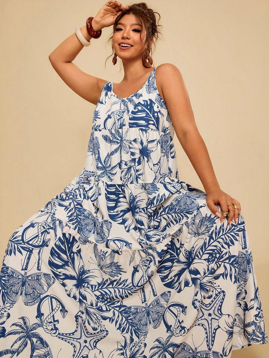 Travachic 大码印花无袖长款连衣裙，适合海滩和夏季度假 - 藍白色 - 查看 1