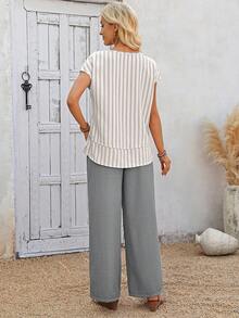 EMERY ROSE Women's Summer Casual Striped Shirt And Wide Leg Pants 2 Pieces Set Wide Leg Summer Pants Women Wide Leg Pants 2 Piece Casual Sets Woman Summer Pants Sets For Women Linen Pants Set - Multicolor - View 2