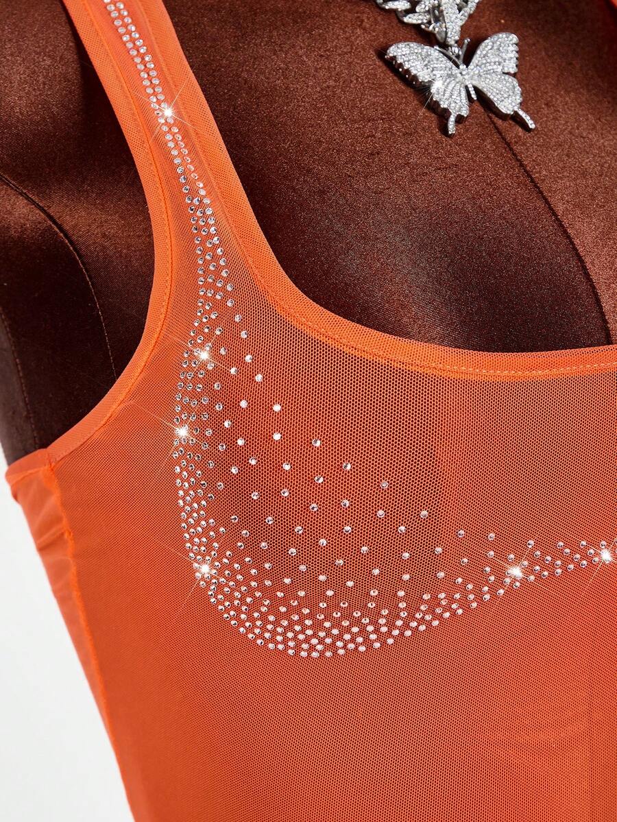 Amplova 2026 Nuevo Crop Top sin espalda decorado con cristales de moda Y2K para mujer, verano - Naranja - Ver 1