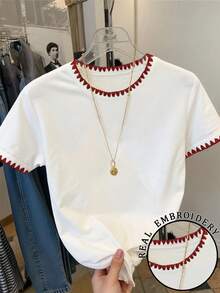 Camiseta de cuello redondo de manga corta acanalada y casual para mujer, de verano - Multicolor - Ver 3