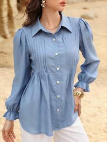 SHEIN Lacomfia Loose Fit Blue Puff Sleeve Shirt With Front Center Stripe - Blue - View 4