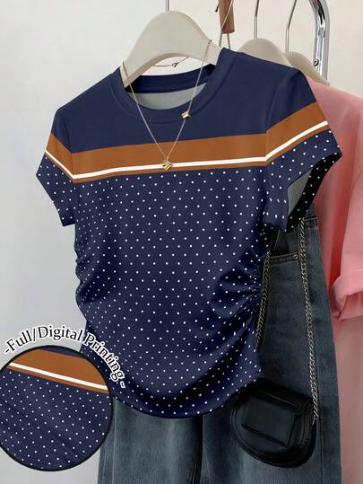 Resyla Women's Waist Cinched Multicolor Stripe Patchwork Short Sleeve Polka Dot Graphic Print Tee Tops Tshirt