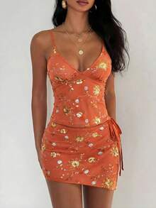 EgrlEra 女士串珠刺绣系带露背性感比基尼三件套，沙滩度假赤陶色半身裙，橙色碎花半身裙，焦橙色半身裙，锈红色半身裙 - 橘色 - 查看 1