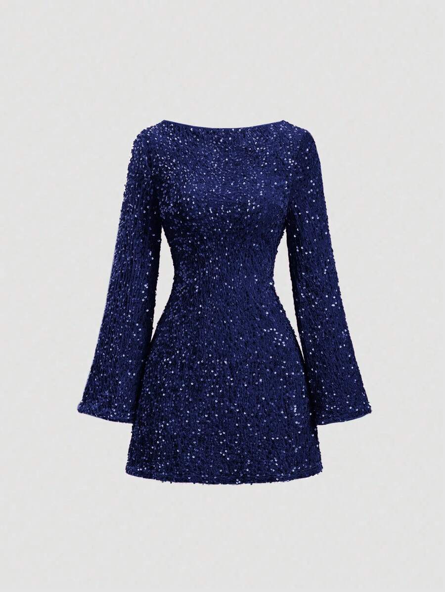 Sweetra Sequin Backless Mini Dress, Valentine's Day Outfits - Navy Blue - View 1