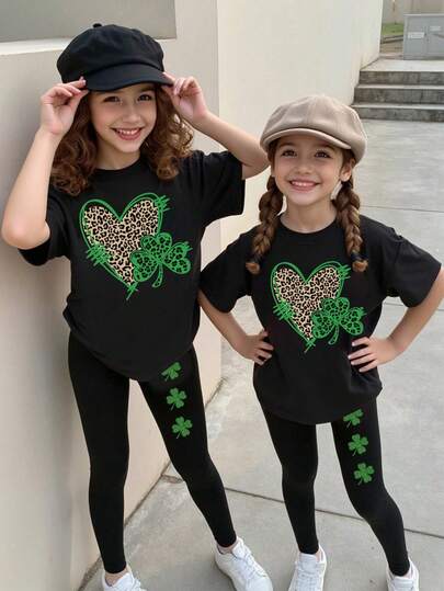 SHEIN Spring And Summer Casual Fashionable Creative Personalized Refreshing Minimalist Leopard Print, Heart, Clover, Glitter Four-Leaf Clover Graphic Print Comfortable Basic Short T-Shirt And Leggings Set, Cozy Summer And Fall Styles Suitable For Girls, St. Patrick's Day Holiday Atmosphere Outfit, Sets
