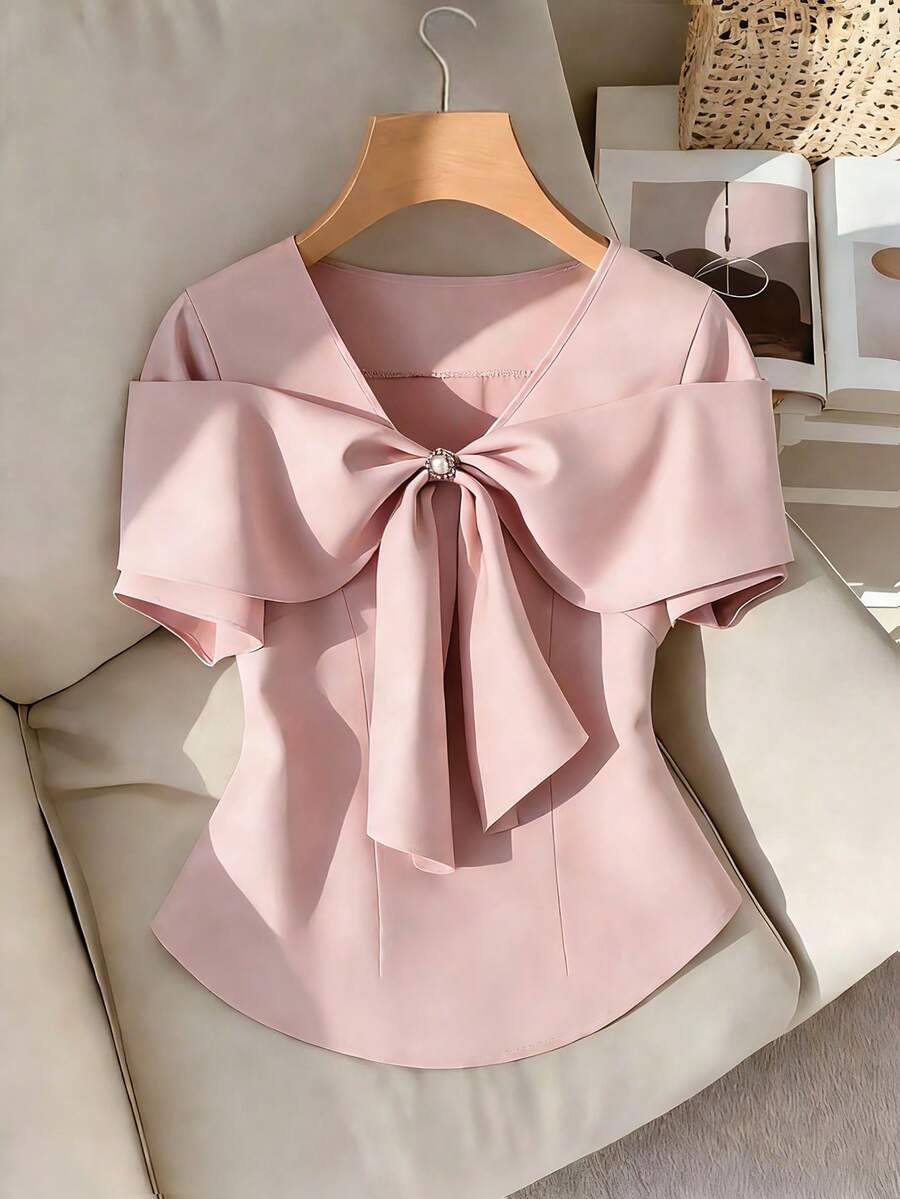 GlowEve 2026春夏新款女士优雅奢华蝴蝶结露肩短袖衬衫 - 淺粉色 - 查看 1