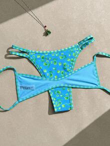 Swim Mod 春夏新款欧美甜美花卉撞色格纹流苏双面两件式泳衣套装，系带丁字裤比基尼，黄色碎花撞色流苏加垫聚拢性感比基尼泳衣，适合海滩、水疗中心、生日派对等场合，沙滩比基尼度假比基尼，绑带比基尼日光浴比基尼，花卉比基尼 - 彩色 - 查看 5
