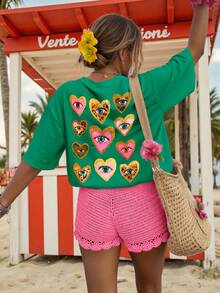 DrmWander Women's T-Shirt, Casual Street Style Graphic Short Sleeve T-Shirt, Cute Summer Top - Green - View 3