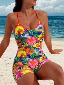 Swim Lushoire 女士热带花卉印花交叉露背连体泳衣，修身款，适合海滩度假，夏季 - 彩色 - 查看 3