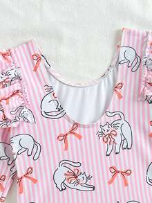 SHEIN 女童条纹蝴蝶结印花长袖连体泳衣 - 彩色 - 查看 6