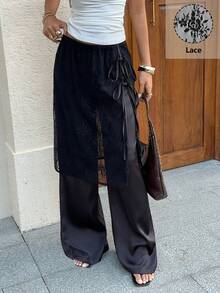 Siren Gaze 女士纯色缎面优雅直筒裤，双层蕾丝边饰 - 黑色 - 查看 4