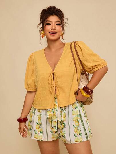 Travachic Plus Size Women's Plaid & Retro Print Shorts Set, Front Tie Bow Blouse And Shorts Comfortable 2-Piece Outfit For Summer Vacation Summer Outfits, Spring Clothing,Spring Outfit Women, Going Out Outfits, Vacation Outfits Women,Holiday Outfits, Casual Outfit For Women, Boho Style Women, Resort Outfit For Women, Island Holiday Outfit, Havana Outfit, Tropical Outfit, Mexican Style