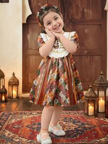 Baby Girls White Summer Boho Party Dress,Baroque Retro Plaid Floral Cartoon Star Moon Print,Luxurious Puff Sleeve Sweet Ruffle Hem Princess Dresses - Multicolor - View 1
