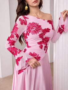 Modelyn 女士秋季棕色性感不对称肩部网纱刺绣长袖高腰A字连衣裙 - 彩色 - 查看 7