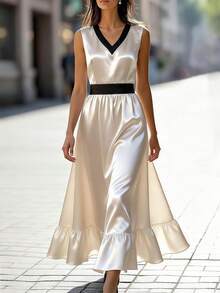 Franclia Women's Elegant Summer Cream And Black Color-Blocked Sleeveless Silky Long Dress,Pleated Hem Wedding Guest Party Dress,Aniversary Commuting Outfit - Champagne - View 4
