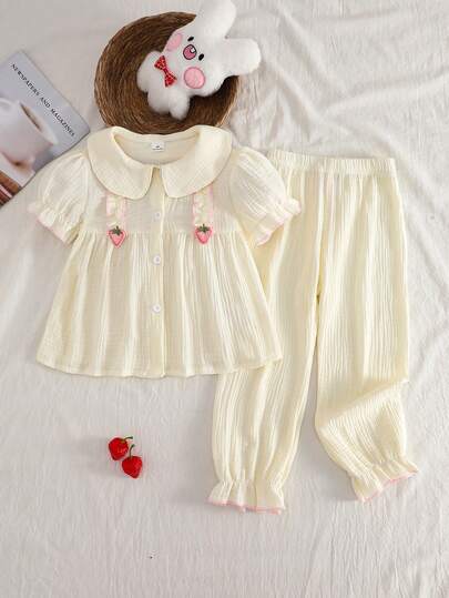 2pcs/Set Young Girl' Short Sleeve Top And Pants, Apricot Cotton Collared Strawberry Decor Casual Sweet Princess Style Pajamas, Summer