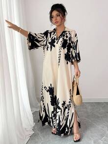 Elenzga 大码印花长款宽松优雅女装 - 杏色 - 查看 10