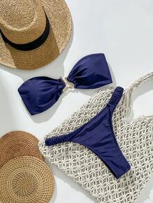 Swim Mod 春假女士纯色挂脖金属装饰性感系带两件式比基尼泳衣套装 - 藍色 - 查看 1