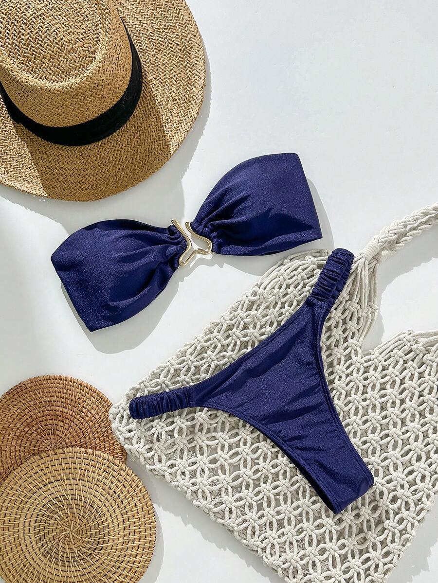 Swim Mod 春假女士纯色挂脖金属装饰性感系带两件式比基尼泳衣套装 - 藍色 - 查看 1