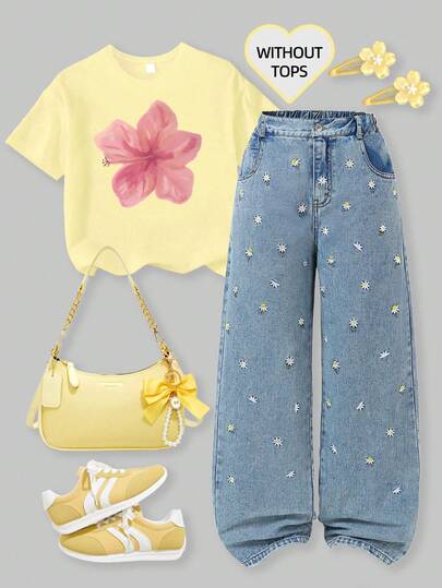 Sparklyn 少女休闲做旧刺绣直筒牛仔裤，少女牛仔裤，雏菊牛仔裤，做旧小雏菊刺绣阔腿牛仔裤，草莓花牛仔裤，女孩美学牛仔裙套装，早午餐青少年，Y2K风格，夏季度假，牛仔雏菊，田园风，约会之夜，波西米亚风，秋冬，秋季，夏季，复古，老钱，牛仔女郎，雏菊牛仔裤，阔腿牛仔裤，刺绣牛仔裤，宽松牛仔裤