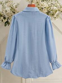 SHEIN Lacomfia Loose Fit Blue Puff Sleeve Shirt With Front Center Stripe - Blue - View 2